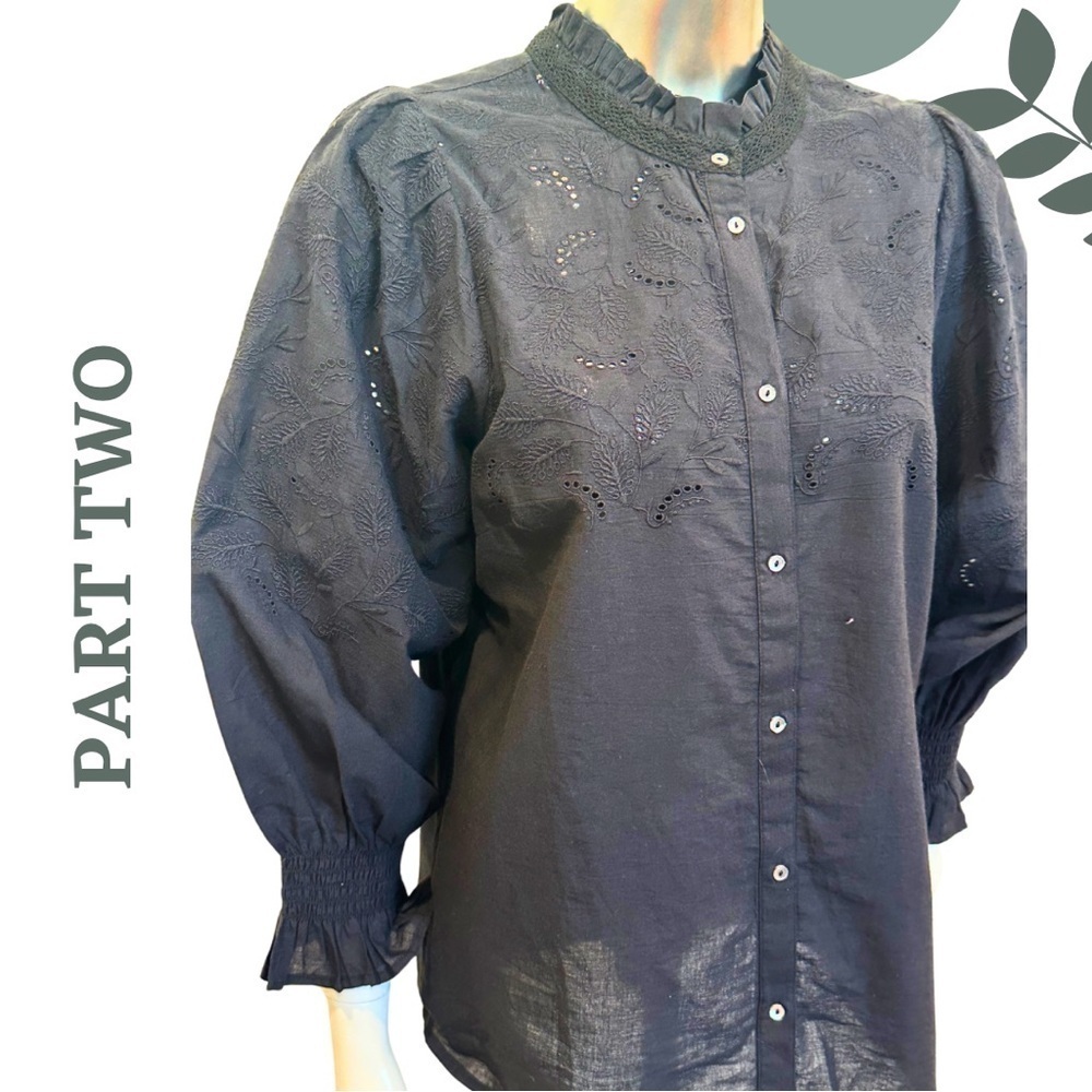 Part Two Black Statement Blouse | Eyelet Embroidered Puff Sleeve Shirt Size 8 - Picture 5 of 8